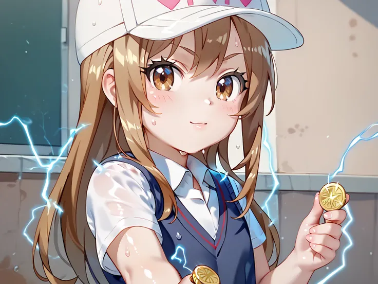 (UHD, retina, masterpiece, accurate, anatomically correct, super detail, high details,     highres, 1080P, 16k:1.3)、 (platelet:1.3)、 long hair, brown hair, brown eyes、white headwear、(very flat chest:1.5)、(shiny skin、oily body、a lot of sweat、very wet skin、b...