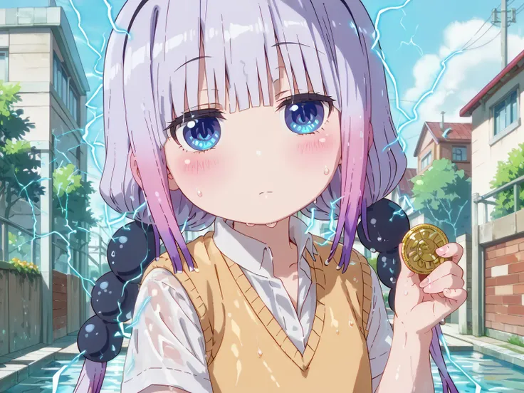 (UHD, retina, masterpiece, accurate, anatomically correct, super detail, high details,     highres, 1080P, 16k:1.3)、 (kanna kamui:1.3)、  long hair, bangs, blue eyes, hair ornament, twintails, blunt bangs, low twintails, light purple hair, beads, dragon gir...