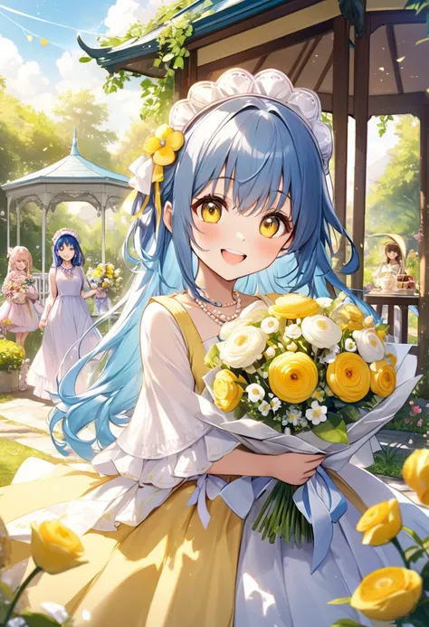 Long beautiful blue hair 。 Big Amber Eyes 。 friendly, innocent smile 。 cheerful, bright and positive personality 。 warm personality like a spring sun 。 has a bright and bright aura like the sun。Lemon yellow dress 。 pearl headdress 。 Opal and moonstone neck...