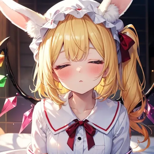  Oriental Project , Flandre Scarlet sitting on a bed in her JK uniform,  Light yellow hair,  warm color lighting,  blurry foreground ,  cute, change, Anime, 4K, Devil with wings, Shower cap,  Masterpiece,  upper body、 blushes his cheeks in the anus、 rabbit...