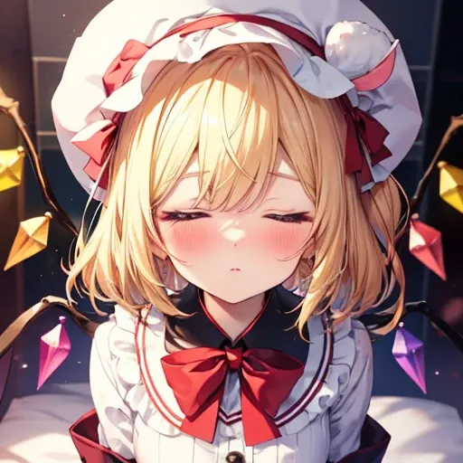  Oriental Project , Flandre Scarlet sitting on a bed in her JK uniform,  Light yellow hair,  warm color lighting,  blurry foreground ,  cute, change, Anime, 4K, Devil with wings, Shower cap,  Masterpiece,  upper body、 blushes his cheeks in the anus、 rabbit...