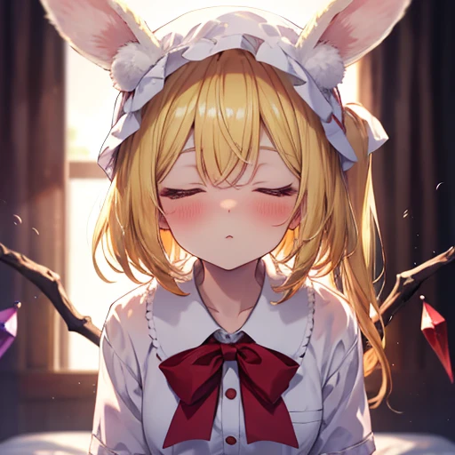  Oriental Project , Flandre Scarlet sitting on a bed in her JK uniform,  Light yellow hair,  warm color lighting,  blurry foreground ,  cute, change, Anime, 4K, Devil with wings, Shower cap,  Masterpiece,  upper body、 blushes his cheeks in the anus、 rabbit...