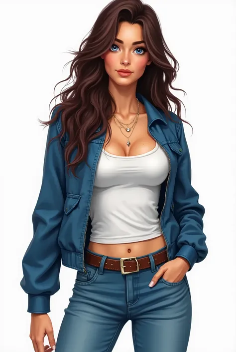  character sketch with the following requirements : Young woman, 26 years old, long dark brown hair, blue eyes,  light leather balcony,  slim build , height of 1.70 m of Spanish descent/French,  wears blue jeans and a white strappy shirt and a blue jacket,...