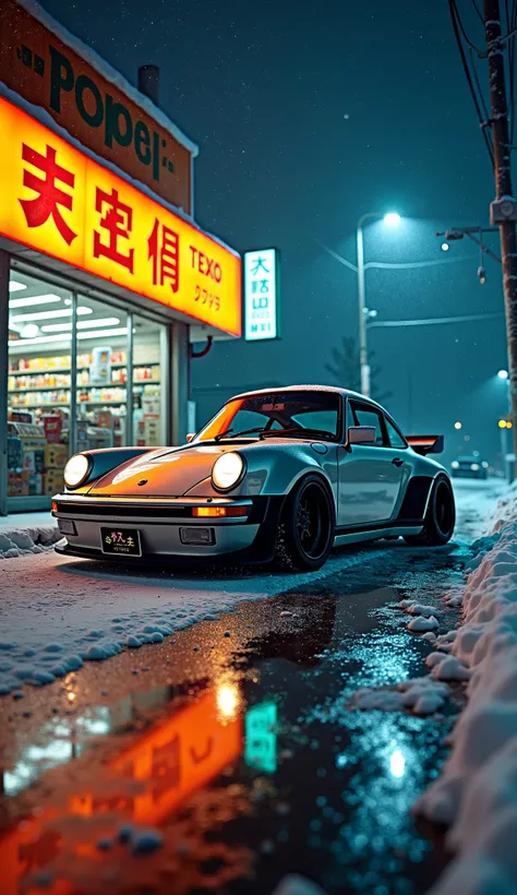 A heavily modified Porsche 911 (930 Turbo), painted in brushed gunmetal silver, sits low and menacing in a snow-covered parking lot outside a vibrantly lit Japanese convenience store at night. The car's widened stance is aggressive, with oversized fender f...