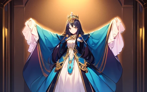 (solo), focus on character, kawaii, masterpiece, best quality, ultra detailed face, (rococo style gown), (long train blue poncho:1.15), (long train white ball gown:1.1), wide flared skirt, gown with flower decorations, (a girl is wearing a long poncho over...