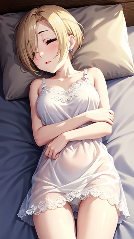  masterpiece,  top quality, 、   white camisole, Sheer Lace Camisole, Sleep,  bed, lying in  bed、 cute expression、 Look Down、Sleeping、Put your hands down 、 beautiful ass、 lie on your back 、Butt Emphasis、 short hair、 earrings、 sexy、Peaceful sleeping face, Sh...