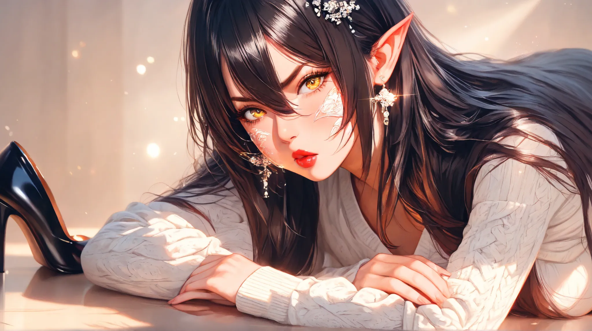 Teenage Dark-elf girl,1girl, Long Hair, leaning over table, Looking at viewer, Hair Ornament, Hair Between Eyes, Yellow Eyes, Anatomically Correct, Masterpiece, High Resolution, Masterpiece, Accurate, Anatomically Correct, Award Winning, Best Quality, Deta...