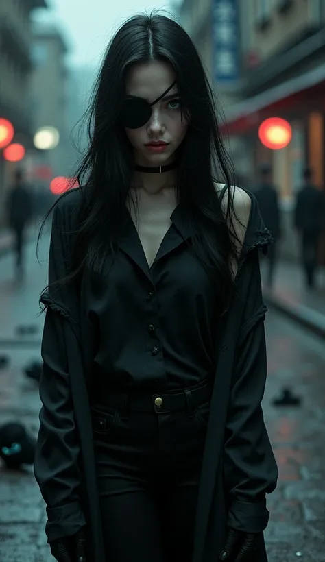 Whole body expression、I hide my eyes with a black eyepatch 、woman、21 years old、Beauty、 Black Hair Long Hair 、 with bangs all back、I'm wearing a black shirt 、Wearing black pants 、I'm wearing a black, thin long coat 、 wearing black high heels、 Many black sha...