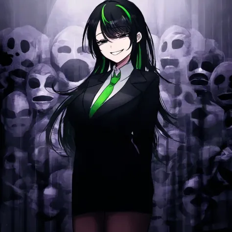 Queen、alone、 black hair、 1 girl、Stand、 half-open eyes、Grin、Dark circles under the eyes、 black women's business suit、 black miniskirt、 black tights、 green tie 、green streaked hair、arm behind back、background： Darkness