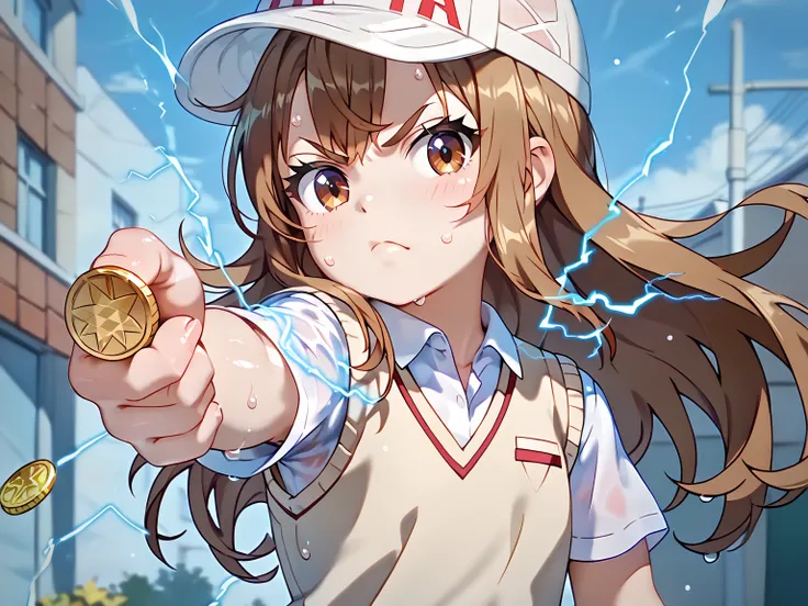 (UHD, retina, masterpiece, accurate, anatomically correct, super detail, high details,     highres, 1080P, 16k:1.3)、 (platelet:1.3)、 long hair, brown hair, brown eyes、white headwear、(very flat chest:1.5)、(shiny skin、oily body、a lot of sweat、very wet skin、b...