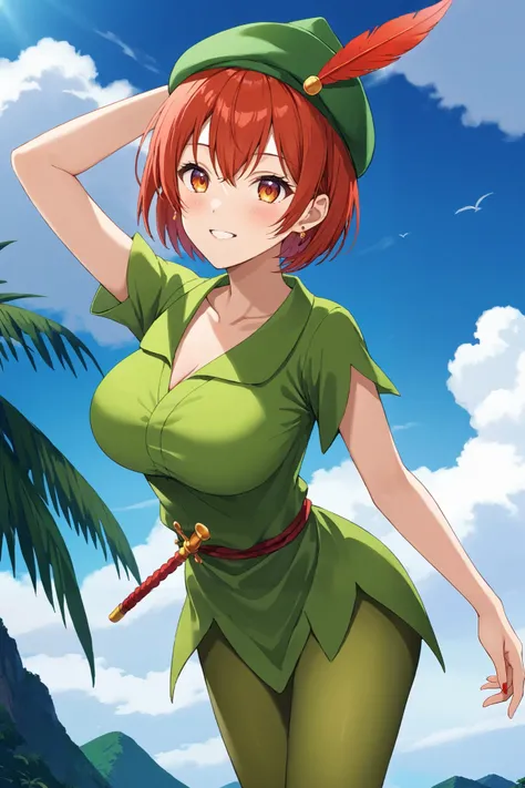 sawaki rinna,  Hi-Res,  Masterpiece,  very detailed,  1 Japanese Woman ,

short bob hair,Light red hair, dark orange eyes , 
breasts, large breasts, 
clothing(red piercing in the right ear), 

peter_pan, green_shirt, green_tights, green_hat, red_feather_in...