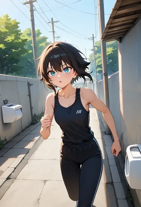 jogging, tank top, masterpiece, top quality, LATEST ANIME ,  public toilet ,Outdoors .safe
