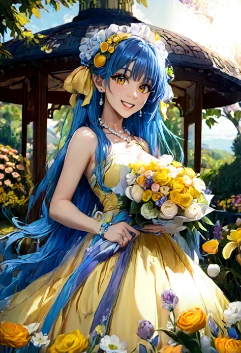 Long beautiful blue hair 。 Big Amber Eyes 。 friendly, innocent smile 。 cheerful, bright and positive personality 。 warm personality like a spring sun 。 has a bright and bright aura like the sun。Lemon yellow dress 。 pearl headdress 。 Opal and moonstone neck...