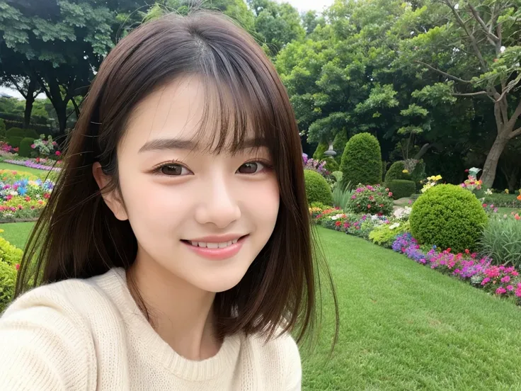 An innocent sensitive girl, 19 years old, brown short hair with bangs, white sweater, brown eyes, Korea mix Thailand style, clear skin, wide thin lips, sharp eyebrows, smile, ISFJ vibes, journalistic person, the background is at a garden with no flowers, o...