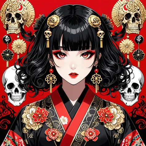  Gary Grayson Style , Alexi Briclo's Style ,
 1 girl, Japanese kimono, watching viewers ,Black curly hair, Skull Hair Decorations,Death Gothic , Red Eyes,(head_:1.4),(Very detailed and detailed, Hypermaximalist,  elegant,  glamorous,  super real,  very det...