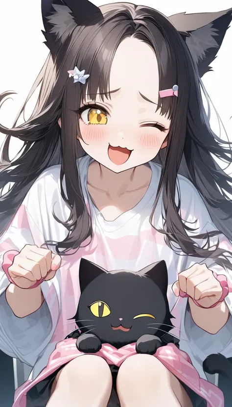 Cat ears 少女,Cute cat ears, Right eye closed, is laughing, I'm happy, very realistic black cat ,  perfect anatomy,    long dark hair, 非常に   long hair,   straight perm, bangs, (((bangsに青い薔薇のヘアクリップ))),    yellow eyes,  New Look,    long hair, gray inner hair ...