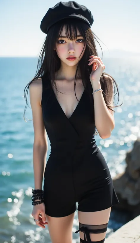 Whole body expression、 Japanese、woman、 beautiful girl、１８age、 Black Hair Long Hair 、 The bangs are aligned above the eyebrows 、 wearing a black sleeveless tuxedo、 wearing a black beret 、Equipped with a black armband 、 equipped with a black leg garter 、The b...