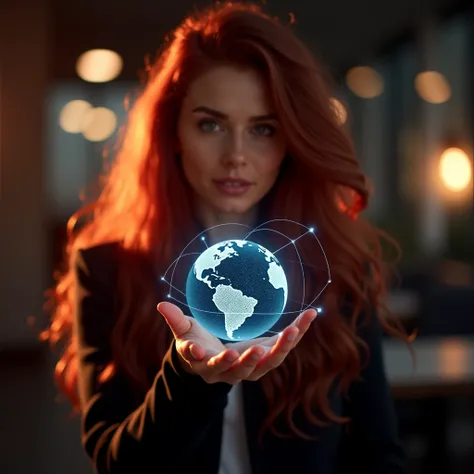 "A woman with long, wavy red hair holding a small hologram of the Earth in her hand,  with connecting lines connecting continents ,  symbolizing global business and digital power . The scene has warm tones and neon . Hyper-realistic, cinematic, 8k."