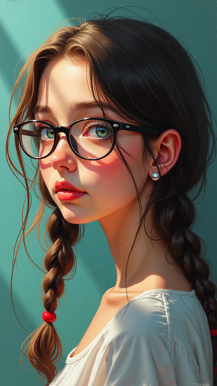  depicts an 18-year-old girl in a splashy modern art style， She keeps long hair and side braids ，Grey-green eyes ， Wearing Glasses 。 Rough strokes showing texture 。 Natural Light ， Side View 。