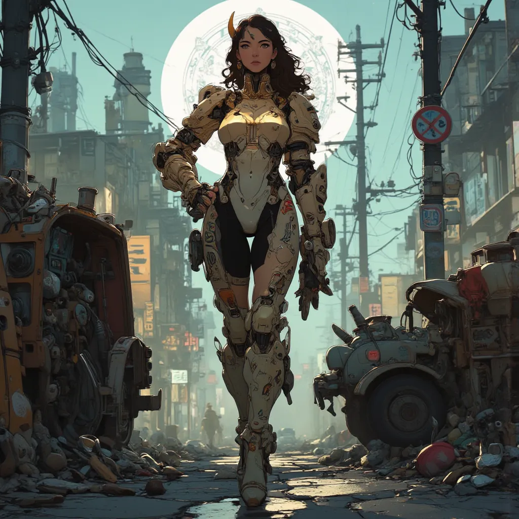 - Main Character, "Korean" Adult Woman, Beautiful, Tall, Long Legs, Pink Eyes, Brownish Black Hair, Has One Horn on Her Head.

- Wearing a costume ("Full Sexy Armor").
(Chest and Thigh Armor are half open).
Futuristic Costume Design, Caterpillar Skin detai...