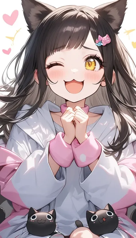 Cat ears 少女,Cute cat ears, Right eye closed, is laughing, I'm happy, very realistic black cat ,  perfect anatomy,    long dark hair, 非常に   long hair,   straight perm, bangs, (((bangsに青い薔薇のヘアクリップ))),    yellow eyes,  New Look,    long hair, gray inner hair ...