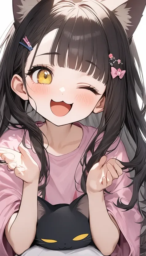 Cat ears 少女,Cute cat ears, Right eye closed, is laughing, I'm happy, very realistic black cat ,  perfect anatomy,    long dark hair, 非常に   long hair,   straight perm, bangs, (((bangsに青い薔薇のヘアクリップ))),    yellow eyes,  New Look,    long hair, gray inner hair ...