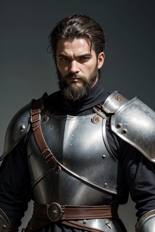 a man in his mid-thirties, with a figure that befits his training as a knight. He has a tall and sturdy build, broad shoulders and a firm stance. His hair is of medium length, dark brown with a slight hint of graying strands to indicate his experience. The...