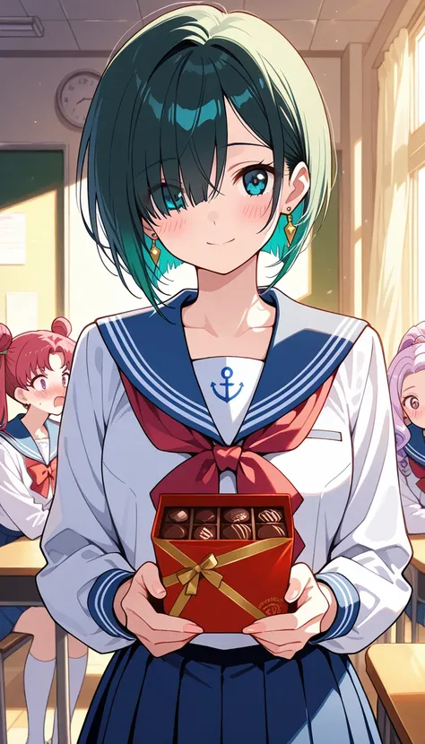 ( beautiful girl : 1.3), 4 girls,( sailor suit, Long Sleeve, check skirt, earrings),(Offer chocolate-filled packets all at once), Gold, black hair, Hair, Silver Hair, red hair ,Blue Hair, green hair,Pink hair,Purple Hair, ponytail, bob cut from behind, twi...