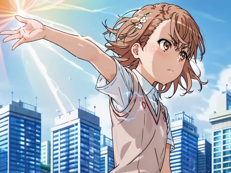 (UHD, retina, masterpiece, accurate, anatomically correct, super detail, high details,     highres, 1080P, 16k:1.3)、 (misaka mikoto:1.3)、 short hair, brown hair、(very flat chest:1.5)、(shiny skin、oily body、a lot of sweat、very wet skin、body blush、wet:1.3)、(t...