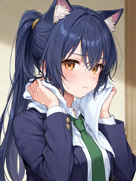 A female junior high school student wearing a dark blue blazer and a green tie with cat ears in a ponytail is sweaty and wipes away her sweat with a towel