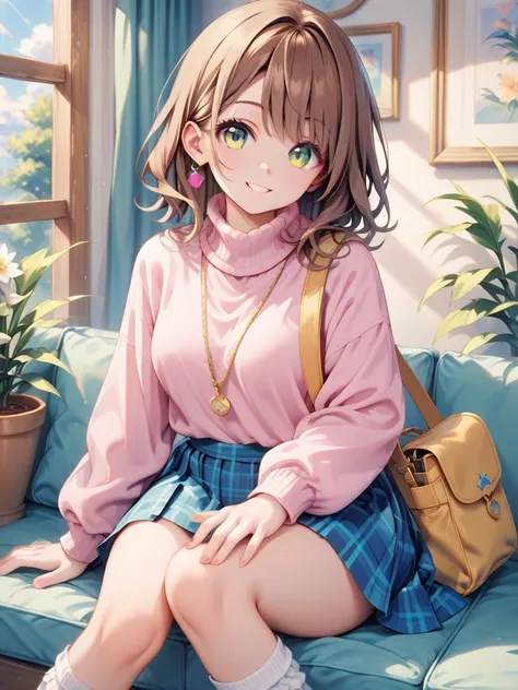 1girl, masterpiece, top quality, detail body, detail face, detail fingers, A cute high school girl with wavy chestnut brown hair and soft droopy light yellow-green eyes, wearing a cozy and casual date outfit. She wears a loose knit sweater, a plaid skirt, ...