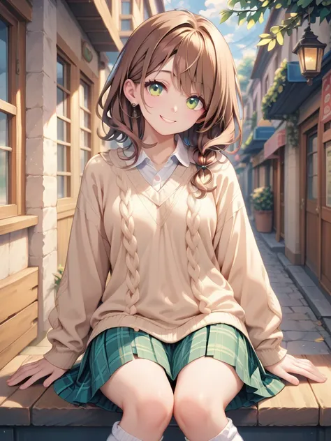 1girl, masterpiece, top quality, detail body, detail face, detail fingers, A cute high school girl with wavy chestnut brown hair and soft droopy light yellow-green eyes, wearing a cozy and casual date outfit. She wears a loose knit sweater, a plaid skirt, ...