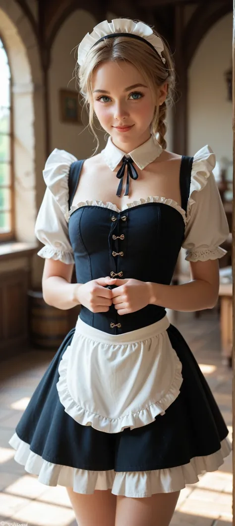 Cute little young medieval servant maid girl in a super short skirt 