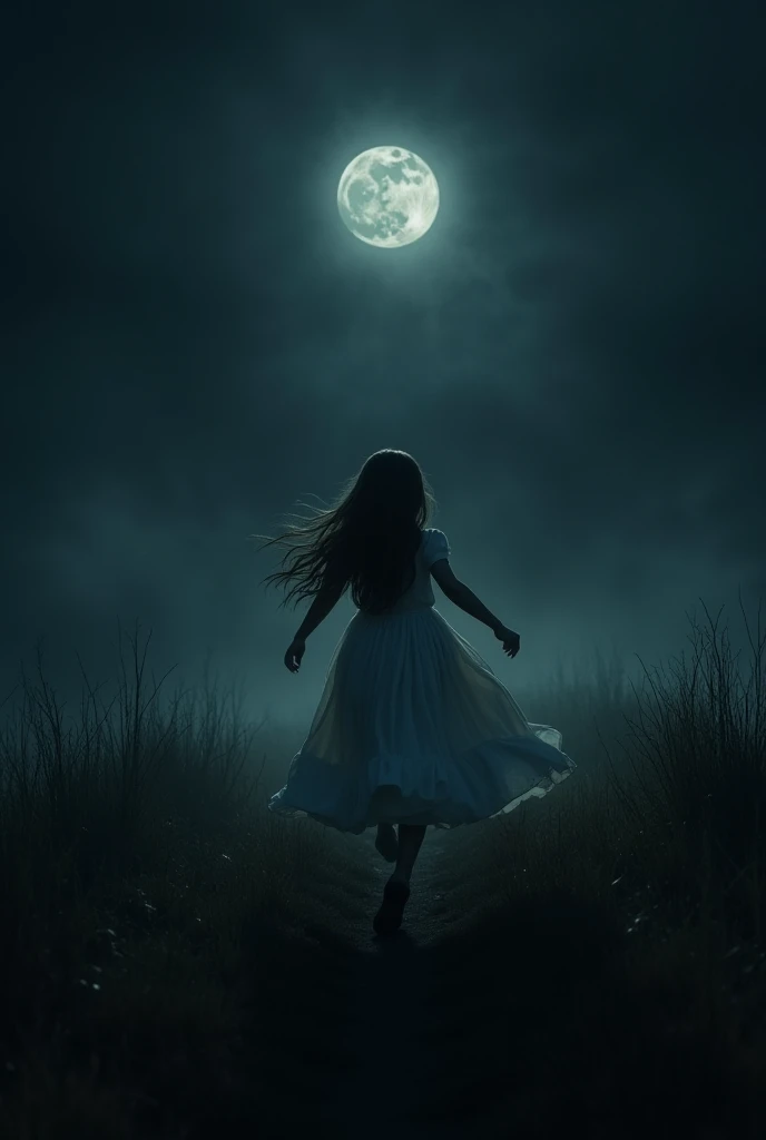  A girl, running in a  scary field in the middle of the night, in a white dress and we see only her back