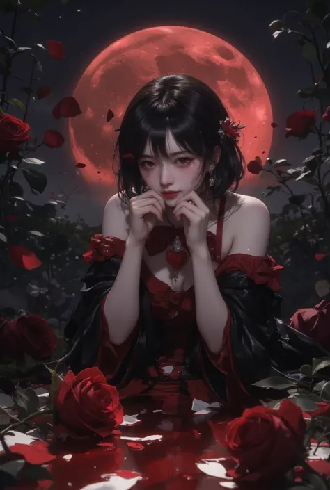 Dark valentine. A dark setting. Big moon on midnight sky, inspired, with a dim red moonlight in the background. Overlaid in the scene is a faint female. red roses with red liquid, symbolizing desperation and broken heart.  Render CGI technology, everything...