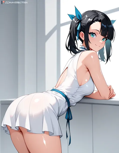 masterpiece, best quality, solo, curvy, beautiful eyes, zzMarnieBestiaCitron, aqua eyes, black hair, asymmetrical bangs, twintails, hair ribbon, ribbon, white dress, sleeveless dress, blue ribbon, rei no himo, side view, ass, leaning forward, cowboy shot, ...