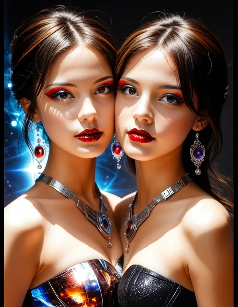 Full shot of two exotic beauties,  22-year-old woman,  beautiful, sweet,  burgundy lipstick,  mascara,  eyeliner,  Dark Eye Shadow ,  Cinematic Stills ,  High Precision,  super detailed,  photo realistic,  formal dress , ((Fusion of cutting-edge AI and hum...