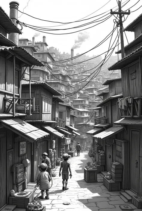 Favela in realistic black and white cartoon style