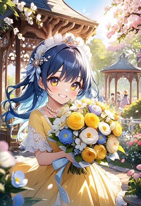 Long beautiful blue hair 。 Big Amber Eyes 。 friendly, innocent smile 。 cheerful, bright and positive personality 。 warm personality like a spring sun 。 has a bright and bright aura like the sun。Lemon yellow dress 。 pearl headdress 。 Opal and moonstone neck...