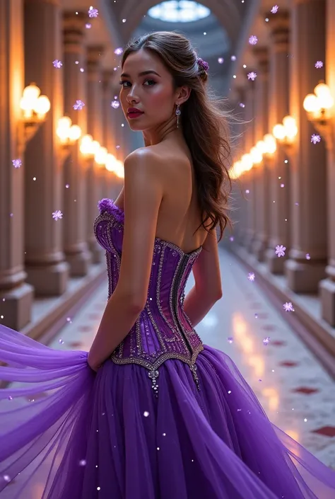 "Une femme élégante et envoûtante dans un décor fantastique majestueux, vêtue d'une robe corsetée violette ornée de motifs dorés complexes et d'éclats de bijoux scintillants. Sa longue chevelure violette fluide est animée par une douce brise, et son visage...