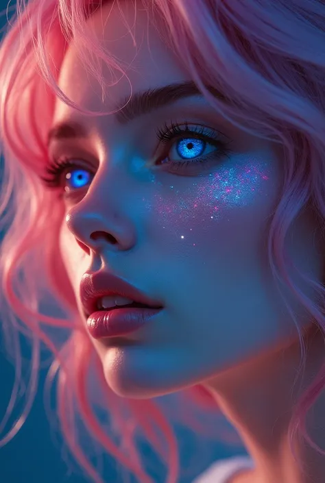 8K, complex,  elegant,  highly detailed,  majestic, digital photography, Surreal painting, Defeat the magic, Sinuous Lightning, ( masterpiece, side light,  thin and beautiful eyes : 1.2), hdr, (Brilliant blue eyes)), woman,  pink hair  