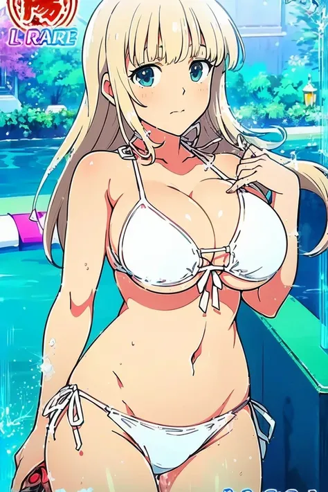 詠,( Masterpiece),( top quality),(ultra detailed),( highres),2D, anime, ( Anime art), lineart , watercolor,loli,1 girl,(blonde hair),chest, (large breasts),(white bikini:1.6),(swim suit:1.6)
