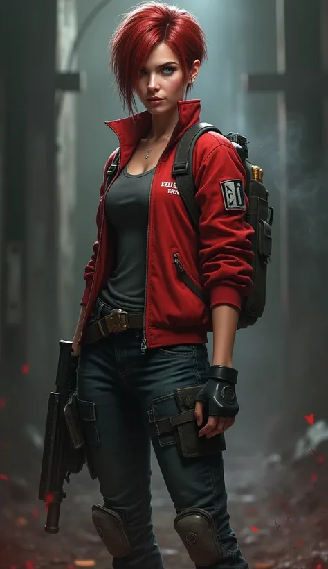 Create a realistic female avatar inspired by Claire Redfield from Resident Evil 2 Remake, with a unique and personalized touch. The character should be a young adult, between 20 and 30 years old, with a style that combines resilience and casualness, ready ...