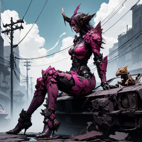 - Main Character, "Korean" Adult Woman, Beautiful, Tall, Long Legs, Pink Eyes, Brownish Black Hair, Has One Horn on Her Head.

- Wearing a costume ("Full Sexy Armor").
(Chest and Thigh Armor are half open).
Futuristic Costume Design, Caterpillar Skin detai...