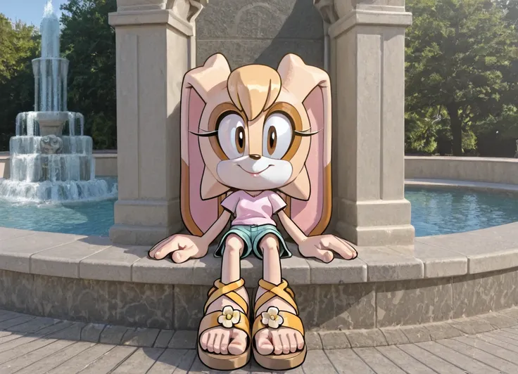 Vanilla The Rabbit. a woman on lounge chair in front of fountain with her feet on edge of ledge, 1girl, solo, blonde hair, sitting, photo background, sandals, looking at viewer, shorts, outdoors, water