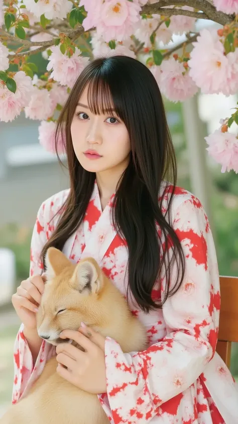 "A serene shrine maiden with long, flowing black hair and a traditional white and red kimono, sitting gracefully beneath a blooming cherry tree. Beside her, a majestic nine-tailed fox with shimmering golden fur curls around her protectively. The scene glow...