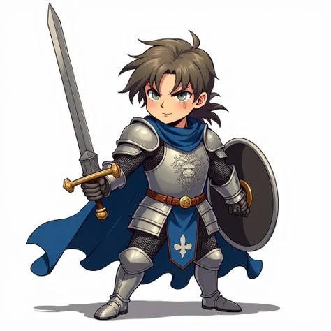 Chibi medieval royal guard in imposing silver gothic plate armor with embossed heraldic lion chestplate, dynamically poised in combat stance with (raised cruciform longsword:1.3) and (heater shield angled defensively:1.2), anime-style mature face featuring...