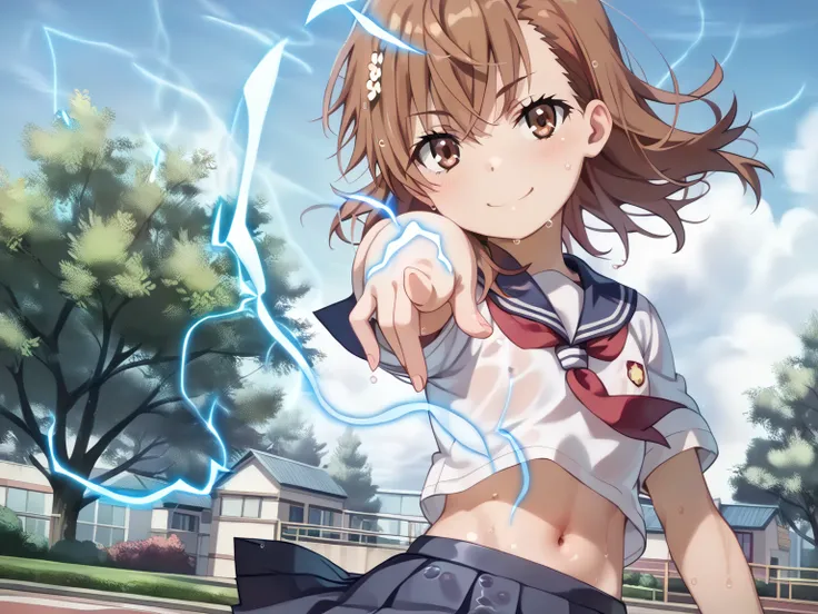 (UHD, retina, masterpiece, accurate, anatomically correct, super detail, high details,     highres, 1080P, 16k:1.3)、 (misaka mikoto:1.3)、 short hair, brown hair、(very flat chest:1.5)、(shiny skin、oily body、a lot of sweat、very wet skin、body blush、wet:1.3)、(b...