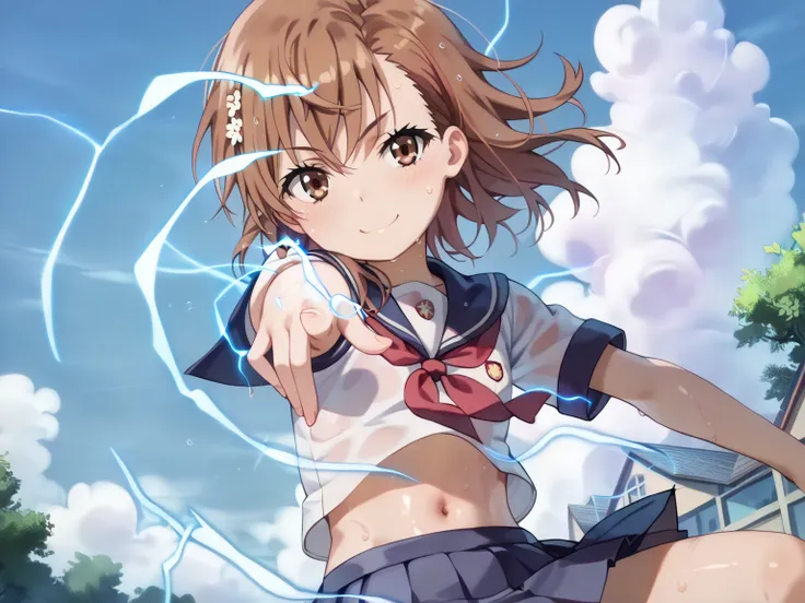 (UHD, retina, masterpiece, accurate, anatomically correct, super detail, high details,     highres, 1080P, 16k:1.3)、 (misaka mikoto:1.3)、 short hair, brown hair、(very flat chest:1.5)、(shiny skin、oily body、a lot of sweat、very wet skin、body blush、wet:1.3)、(b...