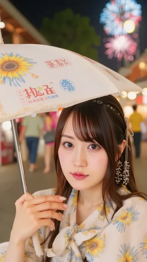 "A cheerful young woman in a simple yukata with a sunflower pattern, playfully sharing a parasol with a Karakasa Kozo—an animated, one-eyed umbrella with a long tongue. They stand on a cobblestone street lit by warm paper lanterns during a summer festival,...